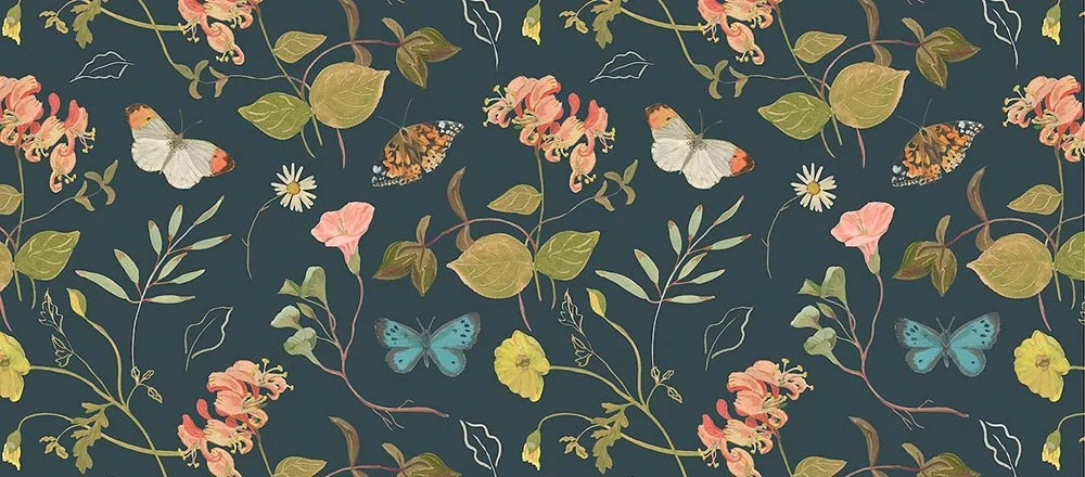 repeat floral pattern with butterflies