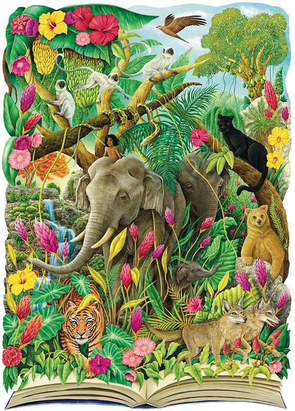 Dense Jungle Book scene full of animals spilling out of an open book