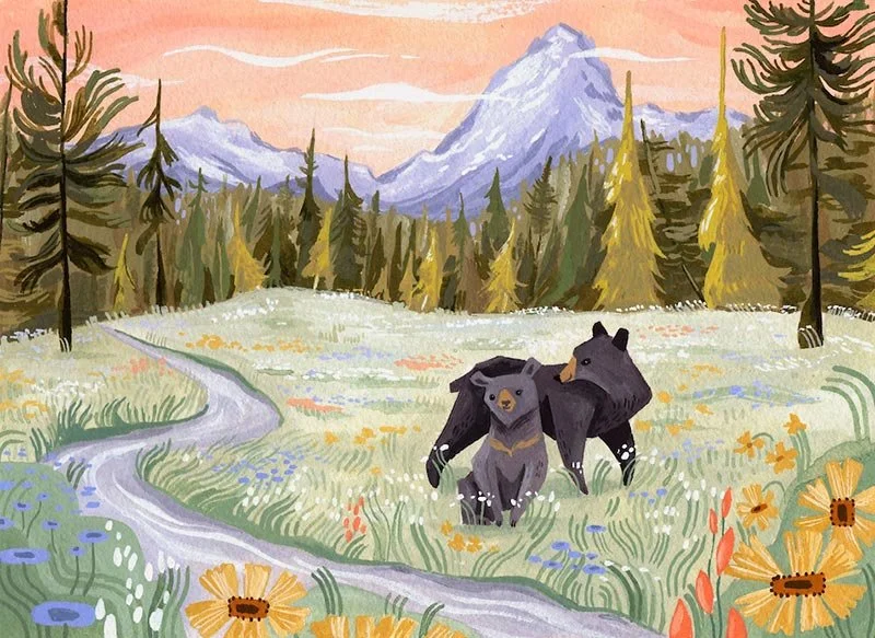 mountain scene with a field, stream, and two black bears
