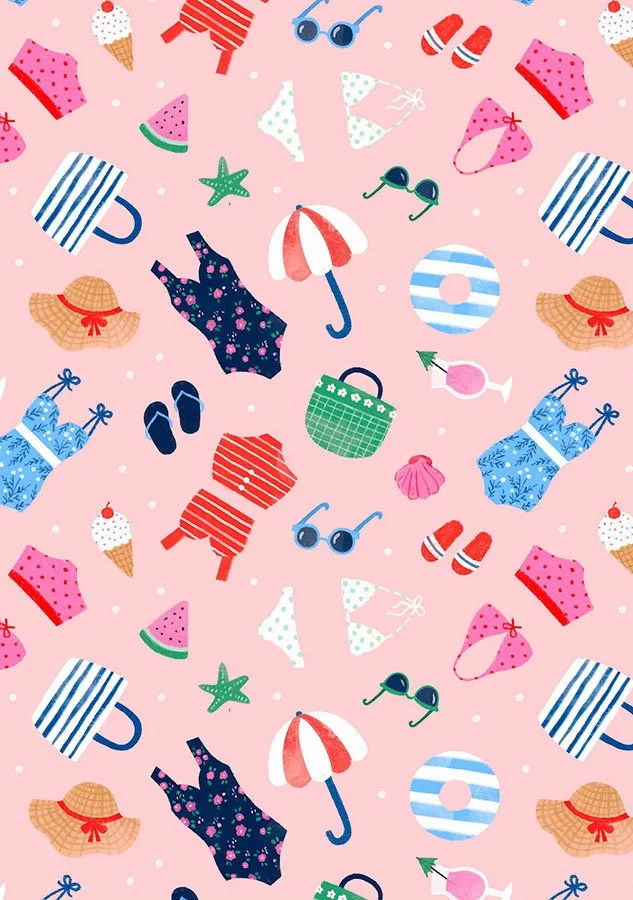 summer repeat pattern of bathing suits, bags, and seashells