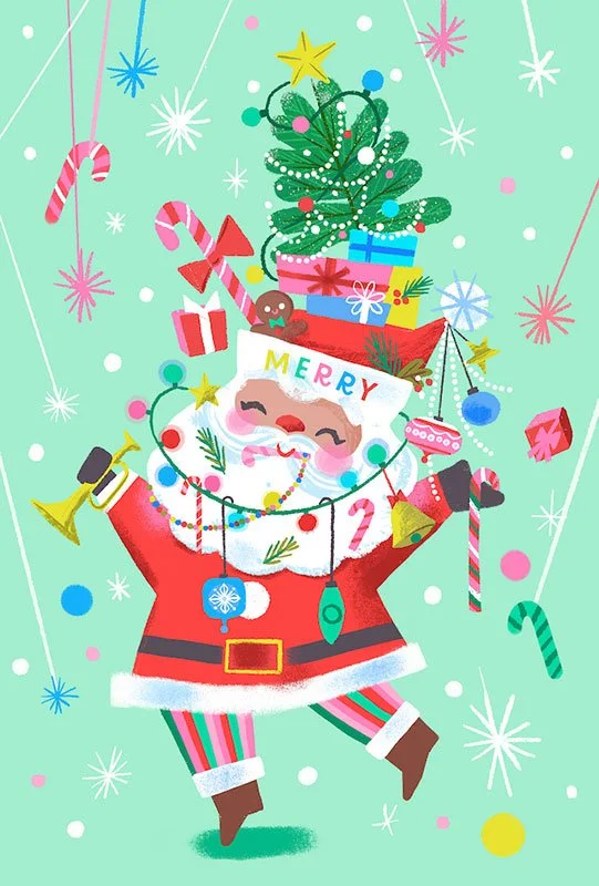 dancing santa with a decorated beard and hat
