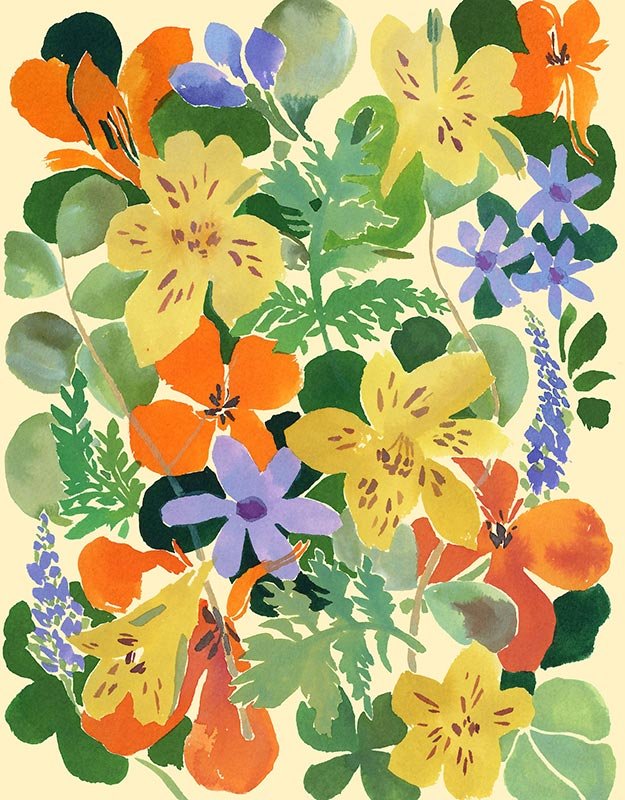 inky florals in yellow, purple, and orange