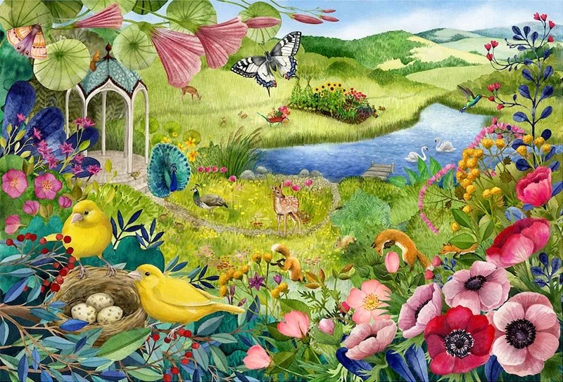 scene with rolling green hills, a pond with swans, and birds and flowers in the foreground
