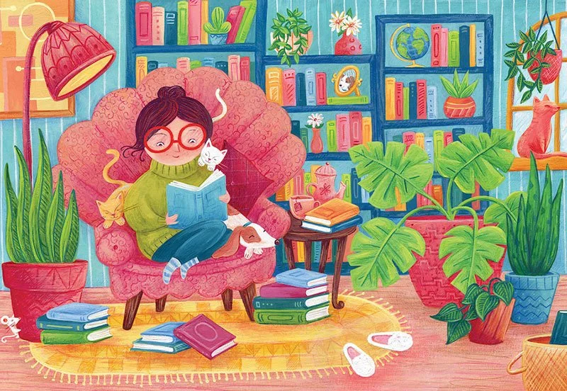 illustration of a girl reading on a cozy clamshell shaped chair reading in front of her bookshelf