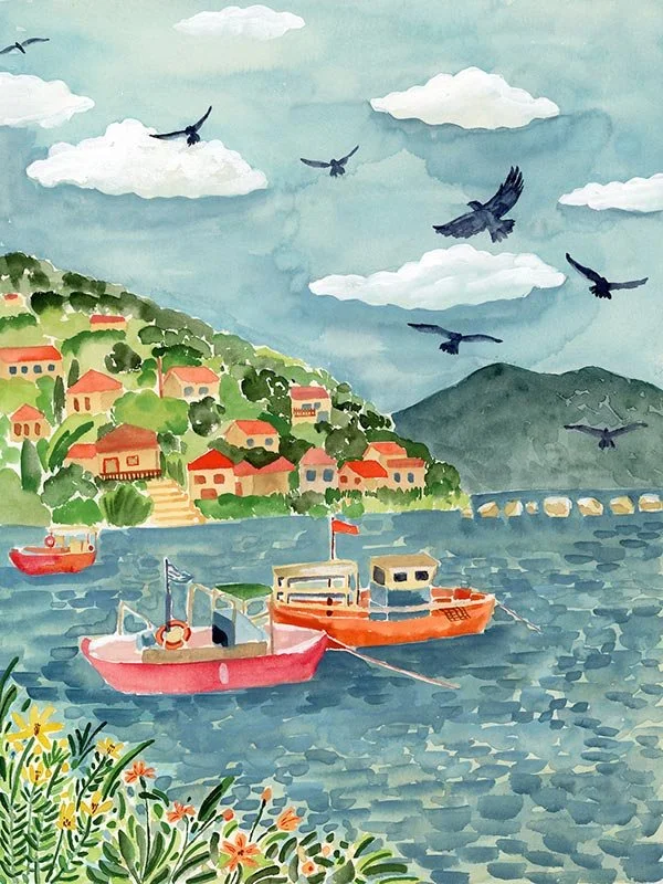 harbor scene with three boats on the water next to a village on a hillside