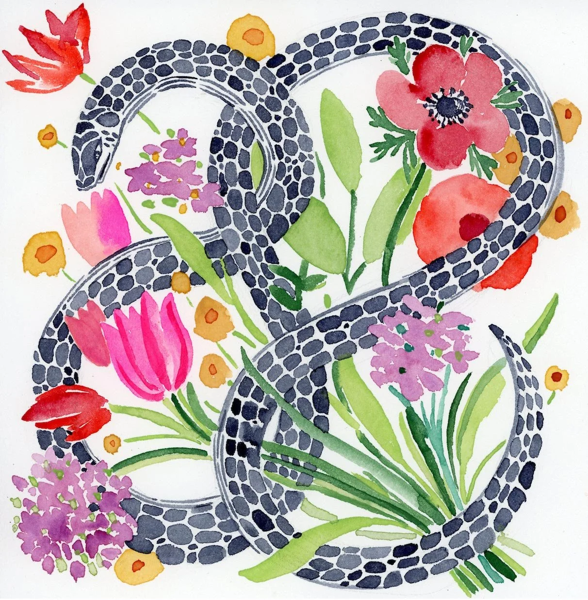 snake intertwined with flowers