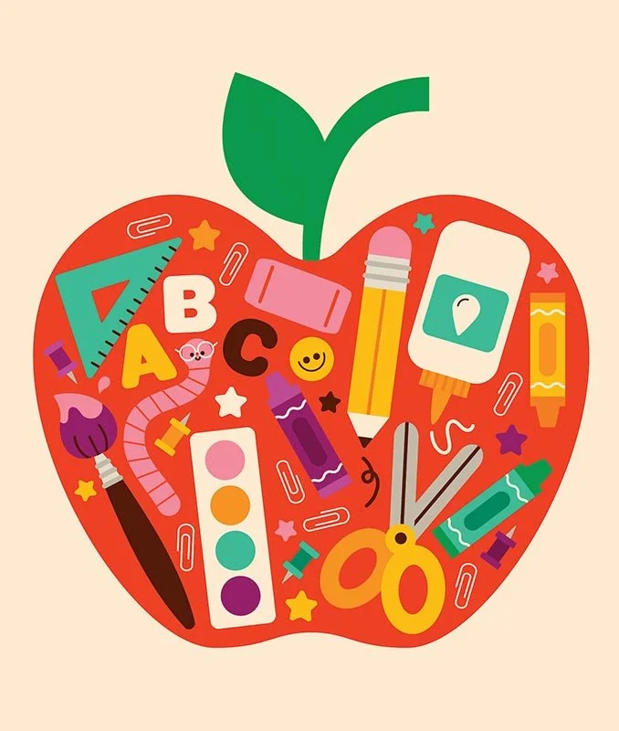 apple filled with school supplies