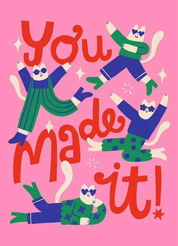 cats wearing sunglasses jumping around the words "you make it!"