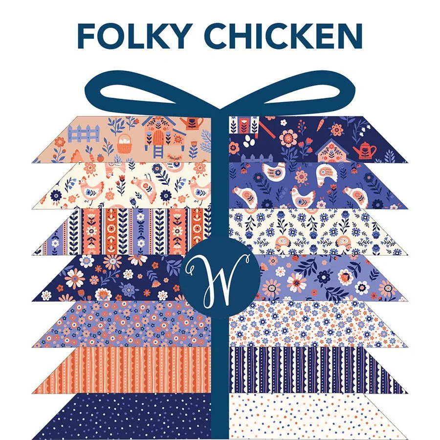 stack of chicken themed fabric swatches