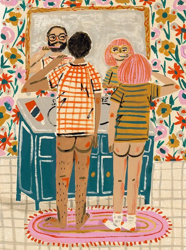 illustration of a couple brushing their teeth in the mirror with their bums exposed
