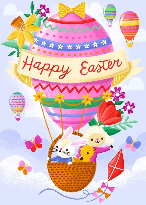 Easter card of an egg shaped hot air balloon carrying a bunny, duck, and lamb