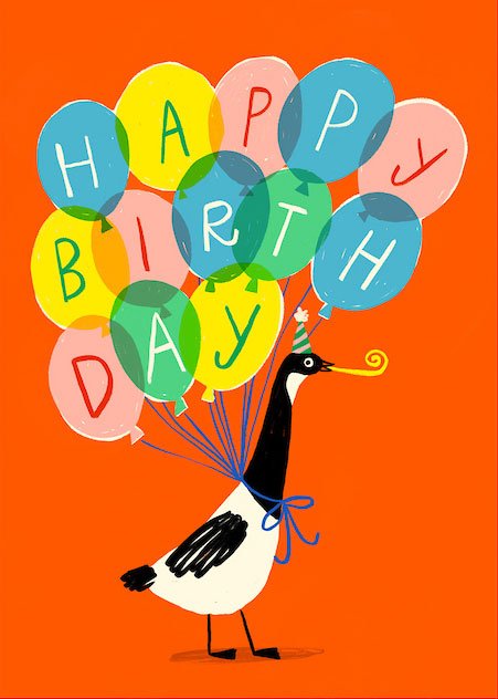 birthday card with a duck holding balloons that say Happy Birthday