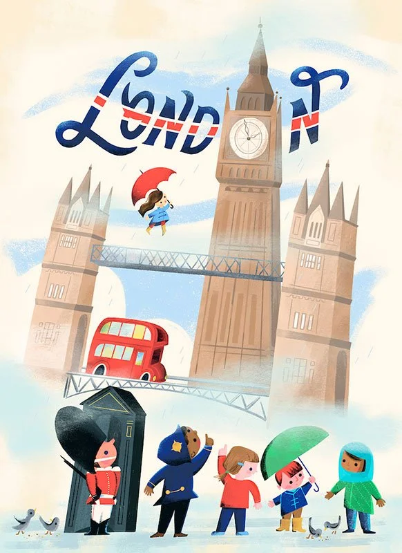 illustration of london including big ben, tower bridge, and a double decker bus