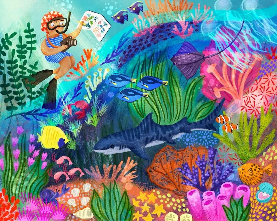 illustration of a colorful coral reef and a kid diver taking a photo underwater