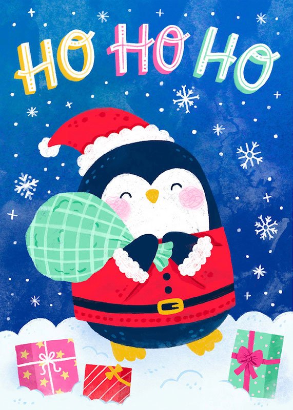 Christmas card of a santa penguin