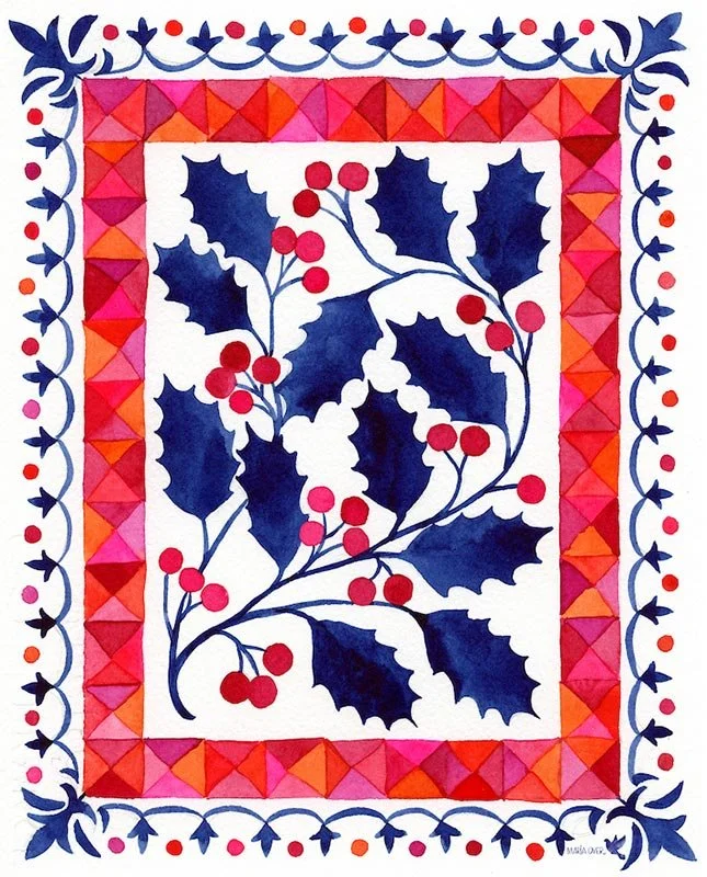 christmas holly in navy and pink