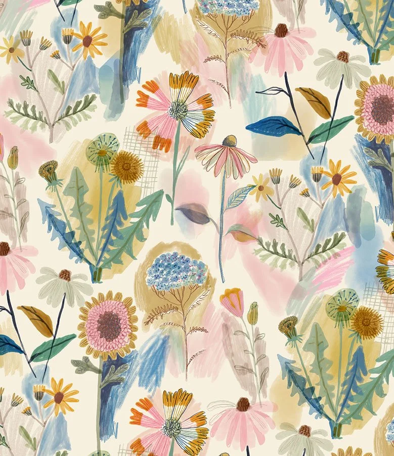 sketchy muted repeat pattern of wildflowers