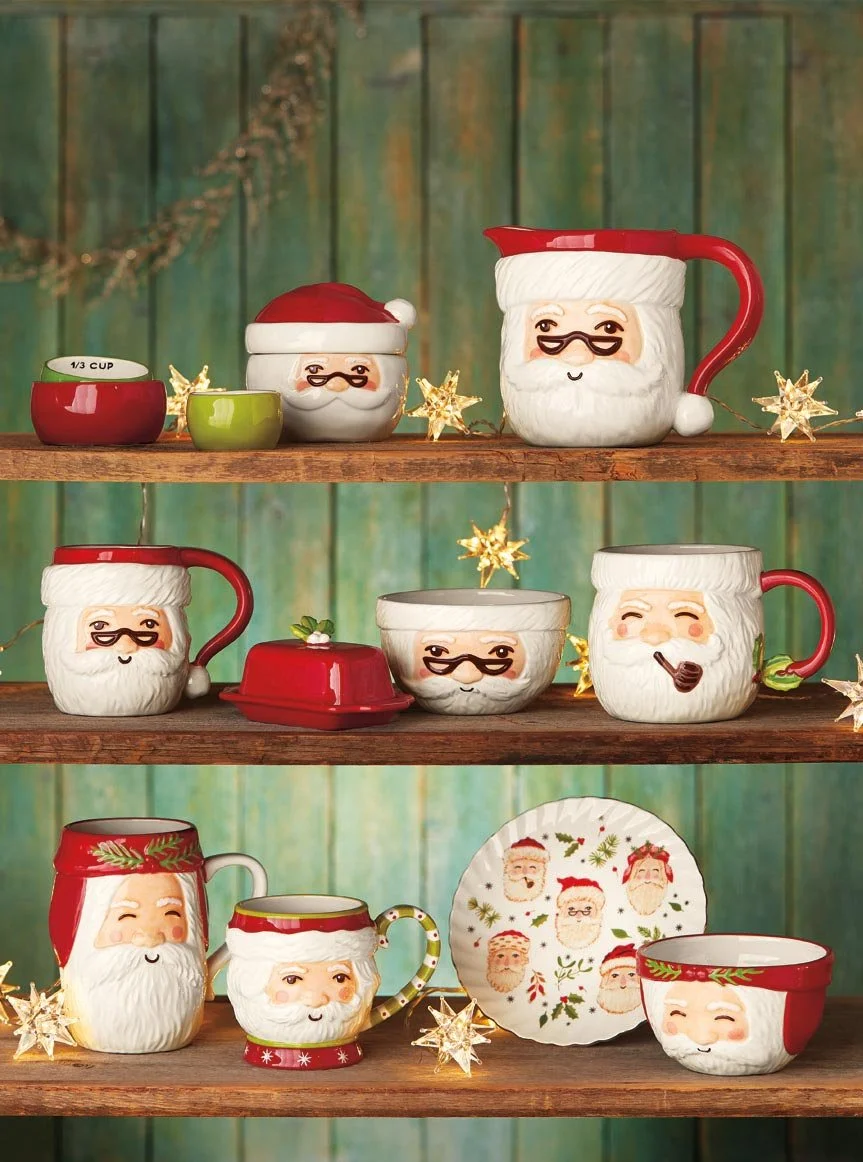 3-tier display of Santa mugs, bowls, plates, and pitchers