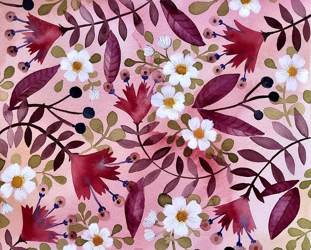 burgundy painted repeat floral pattern