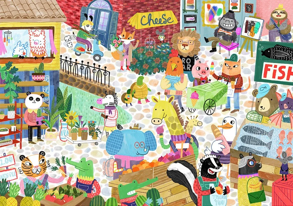 busy market scene with anthropomorphic animals