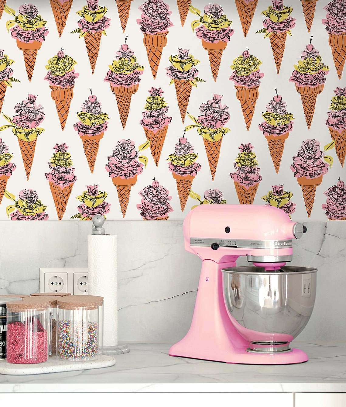floral ice cream wall paper in front of a pink stand mixer