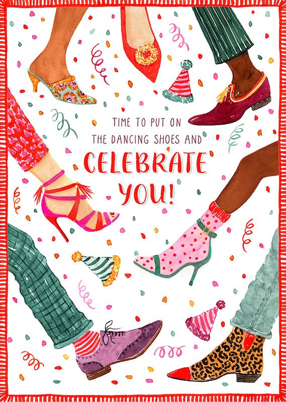 birthday card featuring legs and decorated shoes with confetti all around