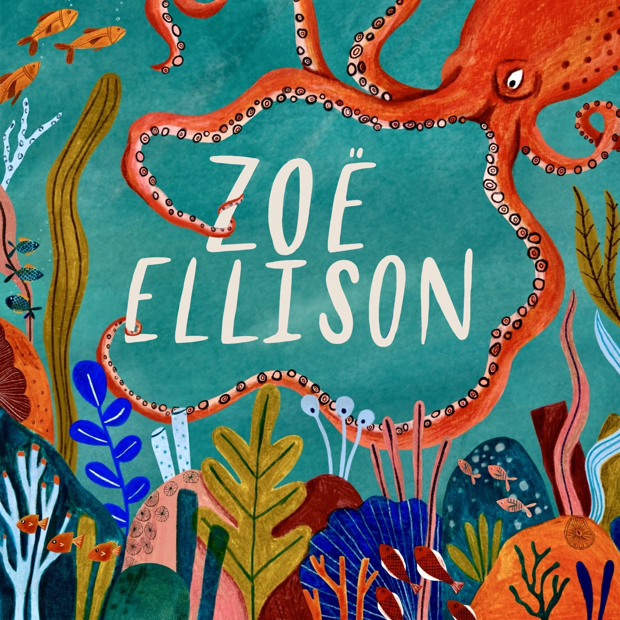 Colorful illustrated scene featuring an orange octopus with large eyes and multiple tentacles, surrounded by various aquatic plants, small fish, and other underwater elements on a teal background.