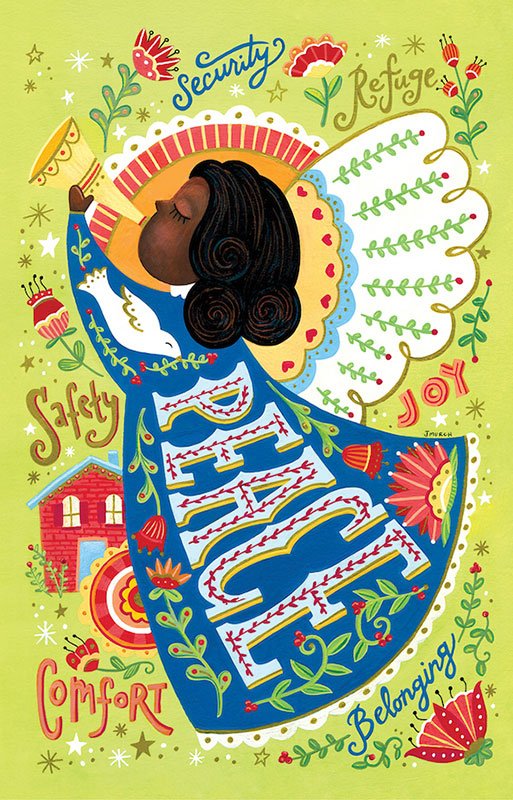 christmas card of an angel blowing a horn and the word "peace" on her dress