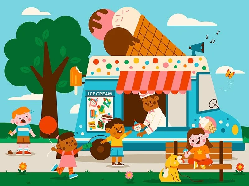 scene with an ice cream truck handing out ice cream to kids