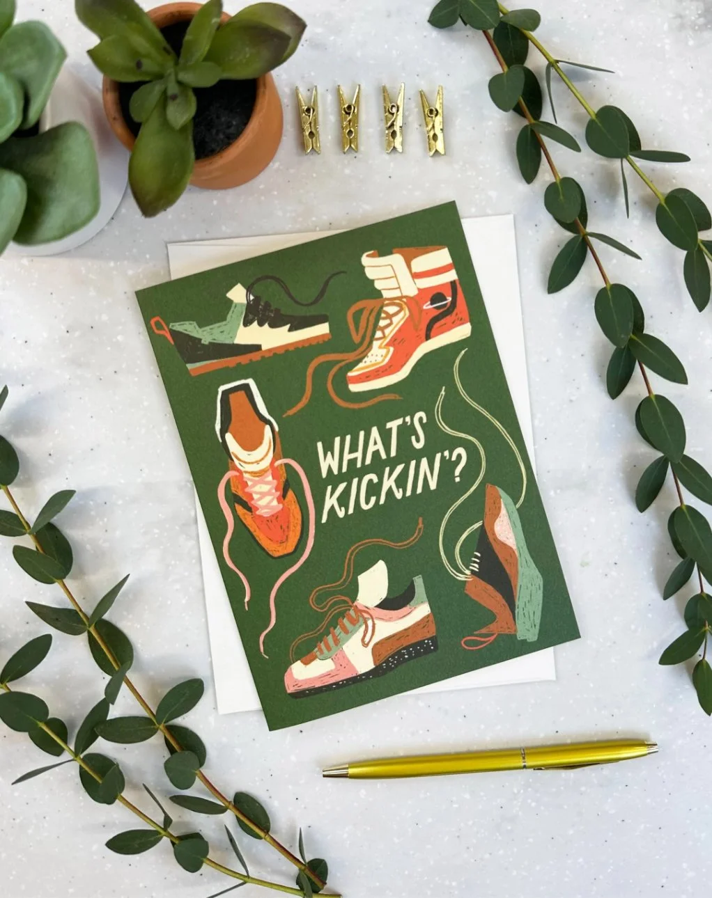 what's kickin? greeting card with shoe illustrations