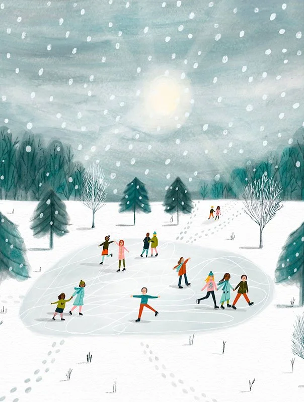 winter scene with people skating