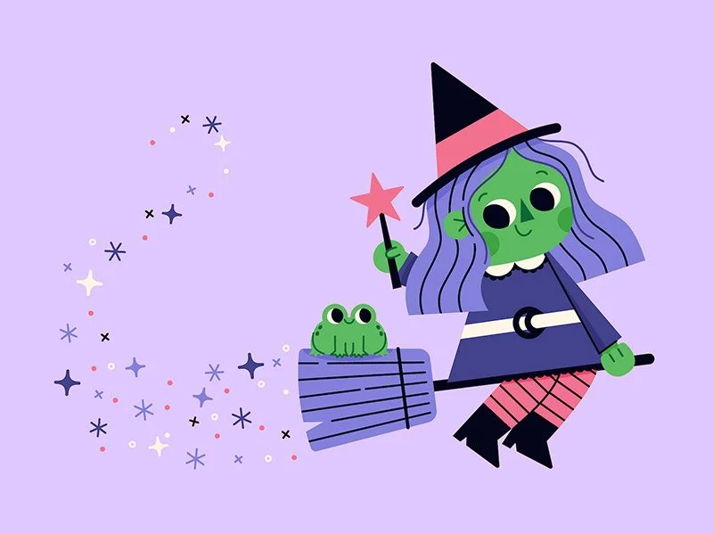 purple colored which flying on her broomstick