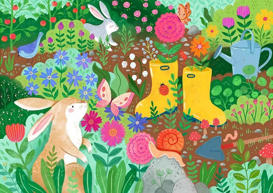 garden scene with rabbits, flowers, and yellow galoshes