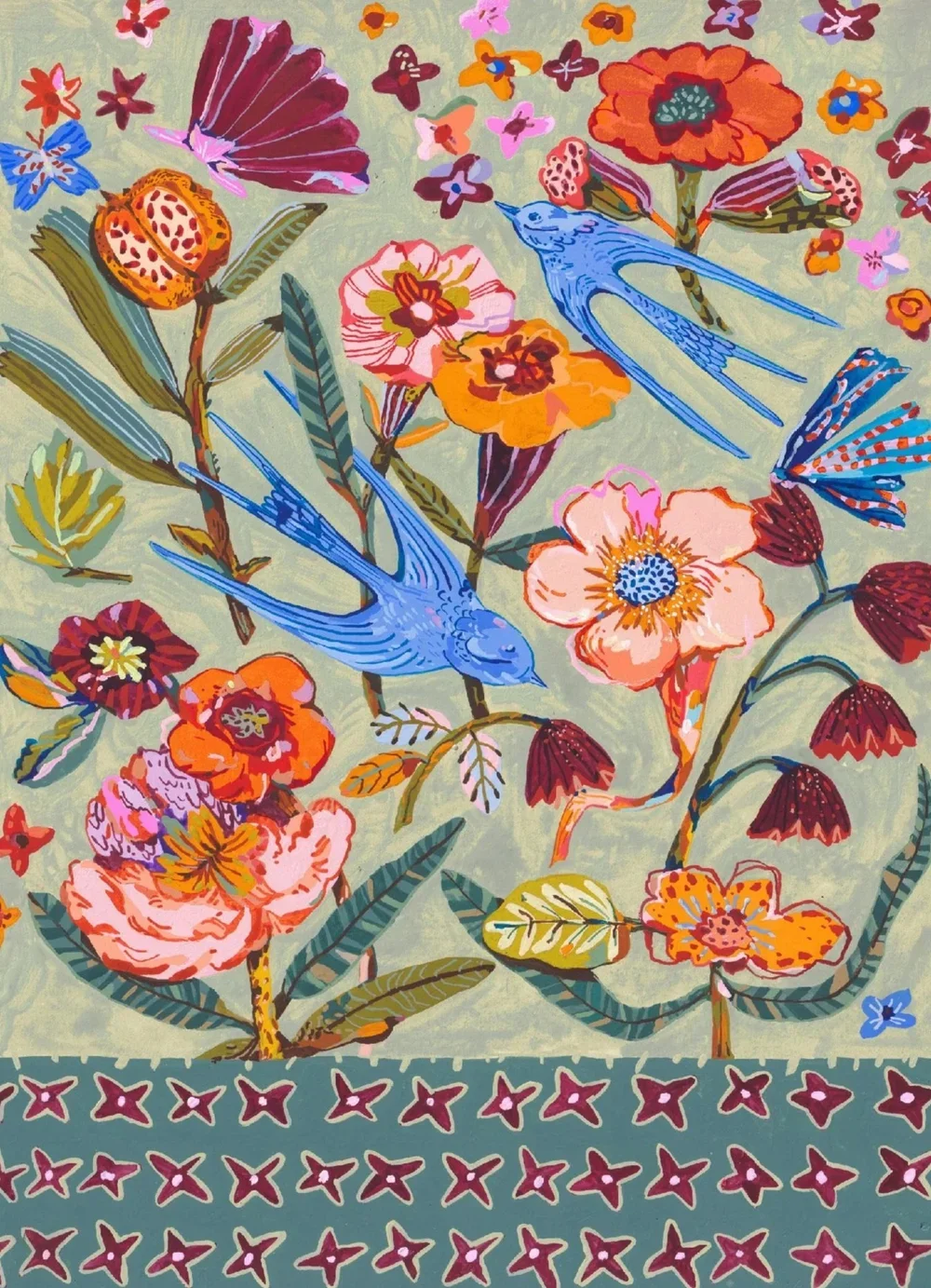 flowers and birds on a muted green background
