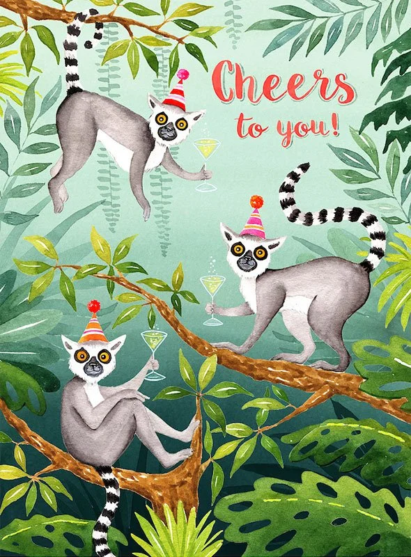 birthday card featuring lemurs in birthday hats holding martini glasses