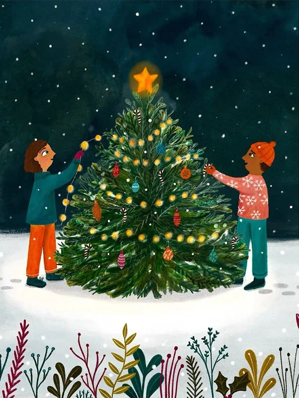 two girls decorating a large christmas tree in the snow with a starry sky