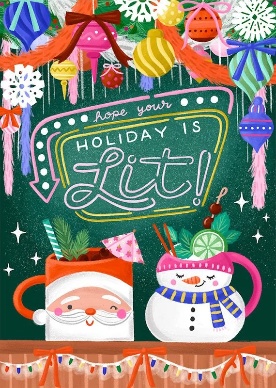christmas card with a santa and snowman mug below festive decorations