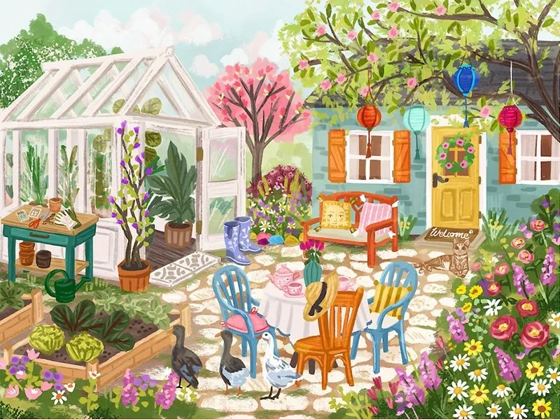 scene of a back garden with colorful chairs and a greenhouse