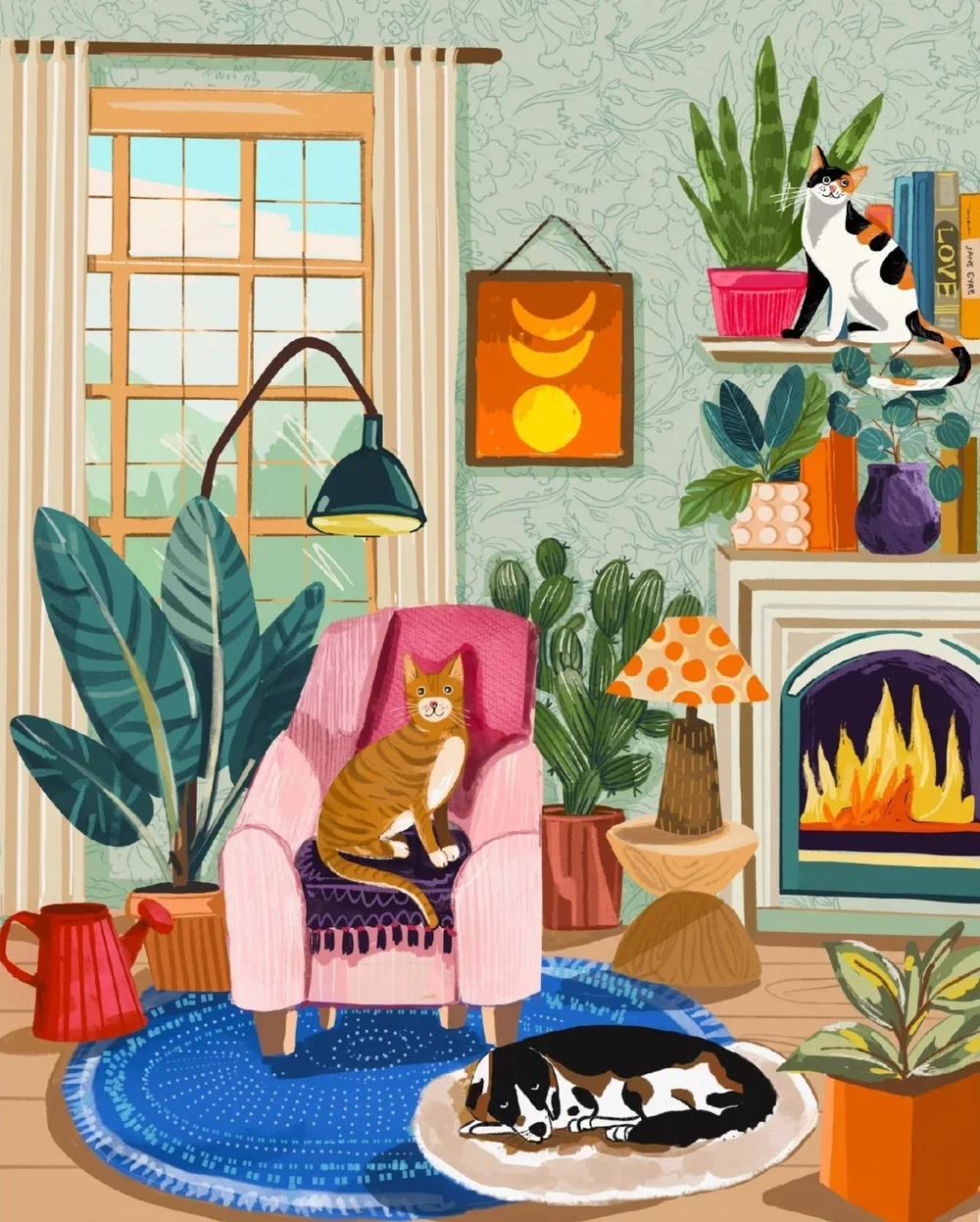 living room scene with fireplace, pink chair, and 3 cats