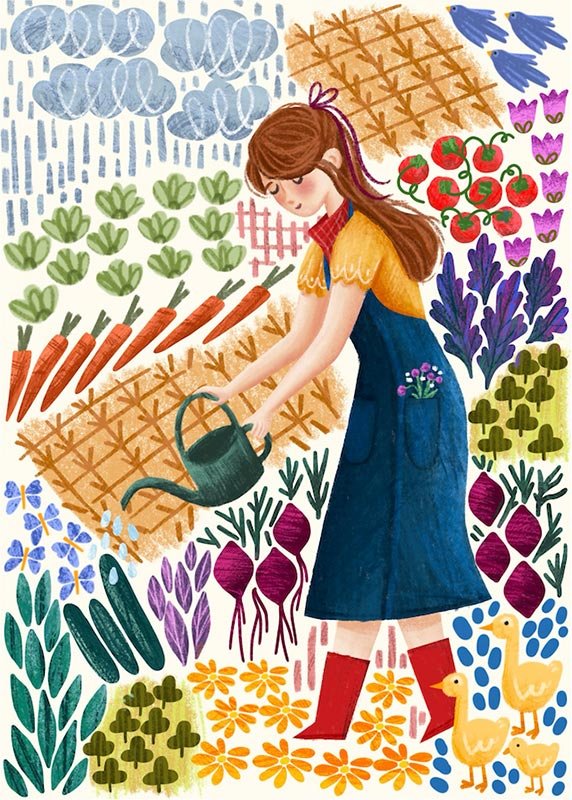 illustration of a gird watering her garden
