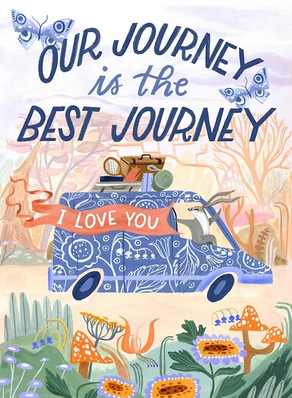 floral patterned van with a rabbit sitting partially outside the window with the words "our journey is the best journey"