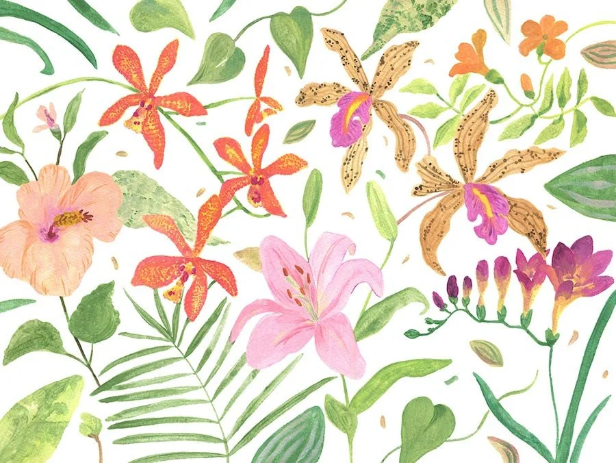 pattern of lilies and orchids