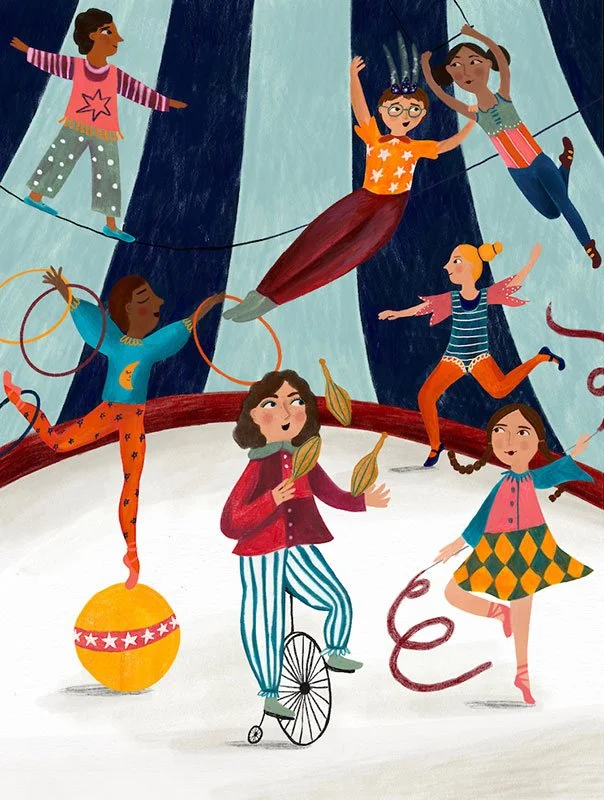 circus performers inside a circus tent