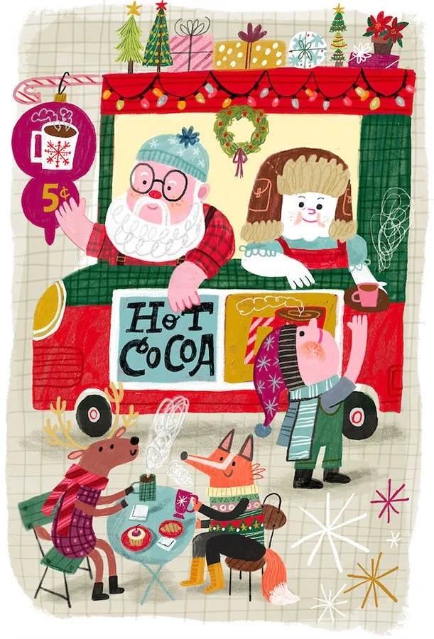 santa driving a hot cocoa food truck