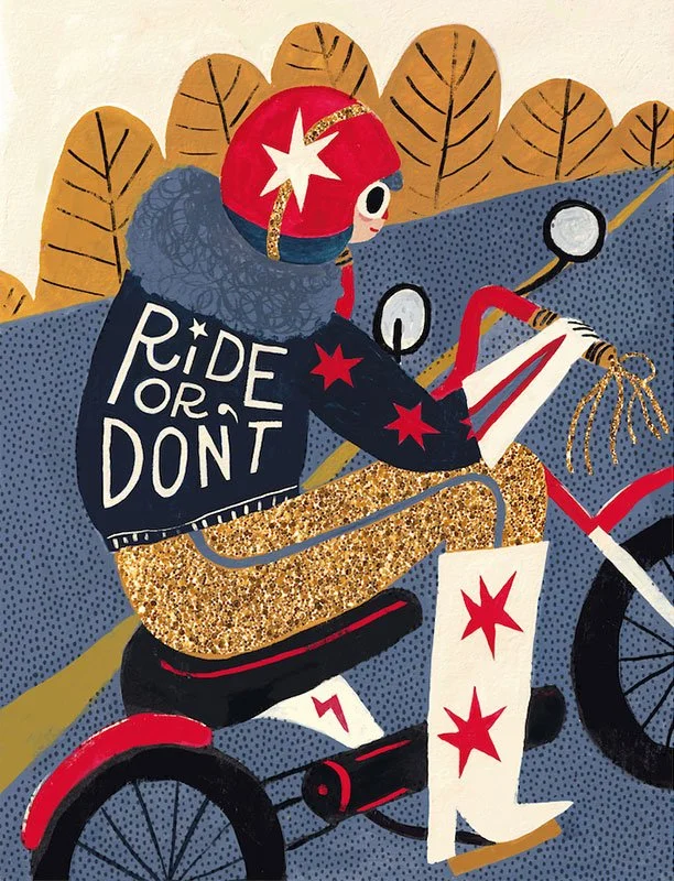 flamboyant person riding a motorcycle wearing gold glittered pants and a jacket that says "ride or don't"