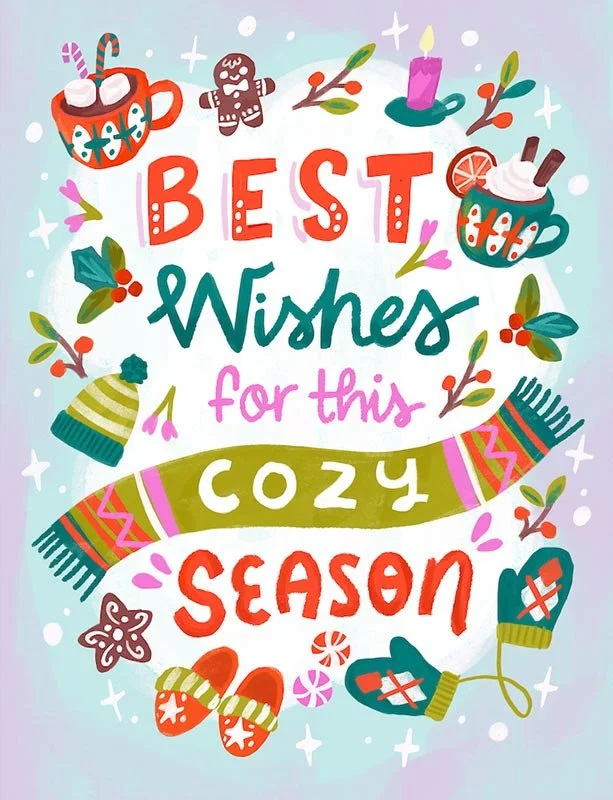 Christmas illustration with words "Best wishes for this cozy season"
