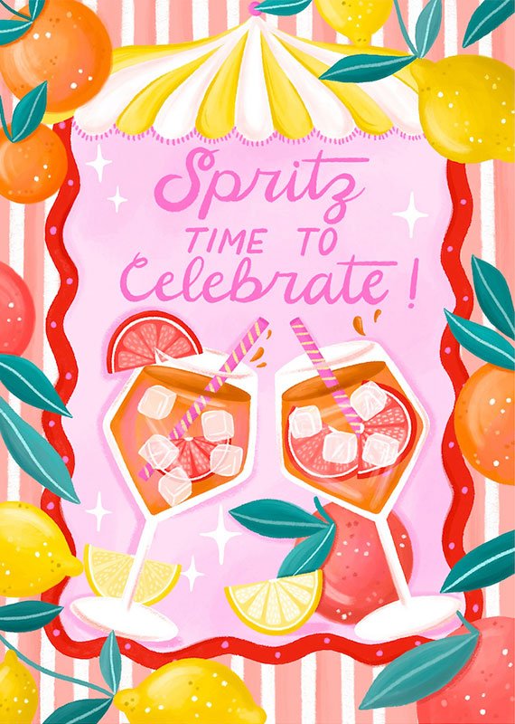 birthday card with two aperol spritz glasses and words "spritz time to celebrate"