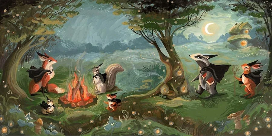 illustrated scene of anthropomorphic woodland creatures wearing capes circled around a campfire
