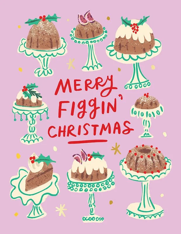 christmas card illustration of decorated figgy puddings