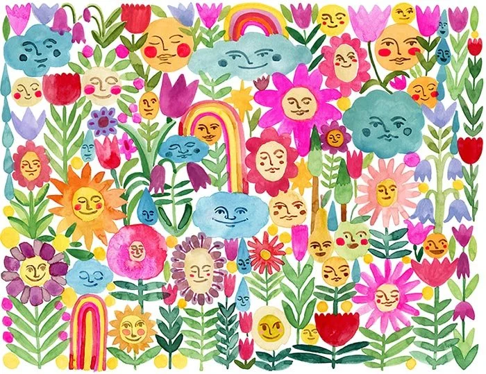colorful flowers with faces surrounded by rainbows and clouds